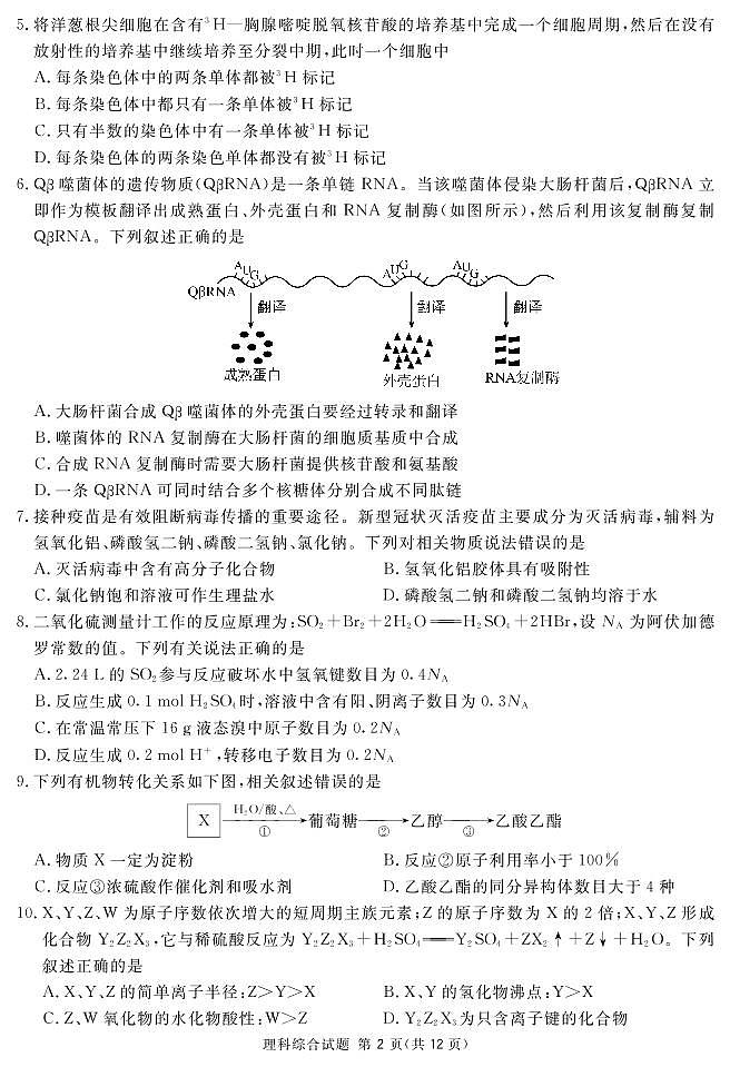 2021届高三四川省眉山市第三次诊断考试理科综合试题（pdf版）第2页