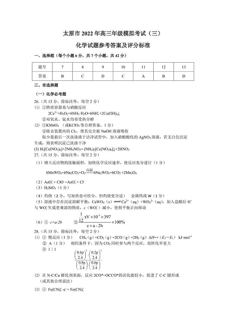 太原市2022年高三三模化学答案第1页