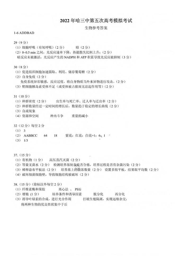 黑龙江省哈尔滨市第三中学校2022届高三第五次高考模拟考试 理科综合 PDF版答案解析第1页