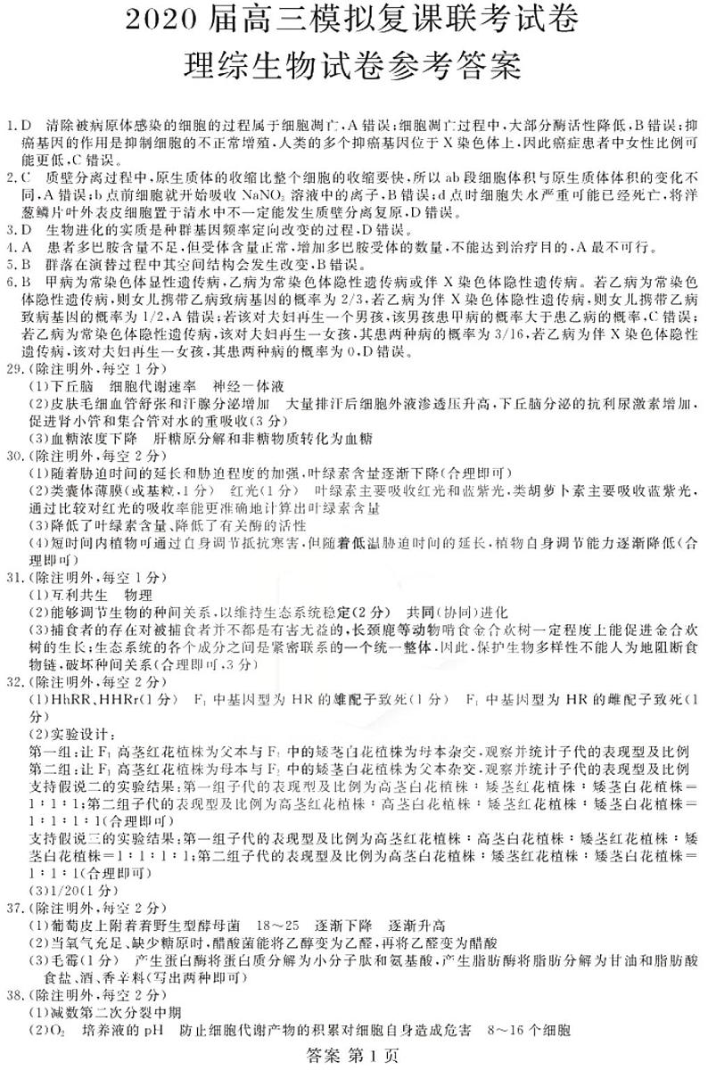 2020届黑龙江省哈尔滨市高三5月模拟复课联考理科综合试题 PDF版01