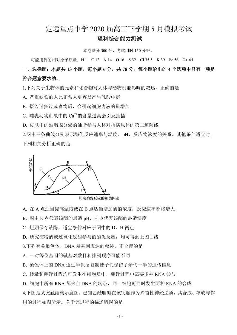 2020届安徽省滁州市定远县重点中学高三5月模拟理科综合试题（PDF版）01