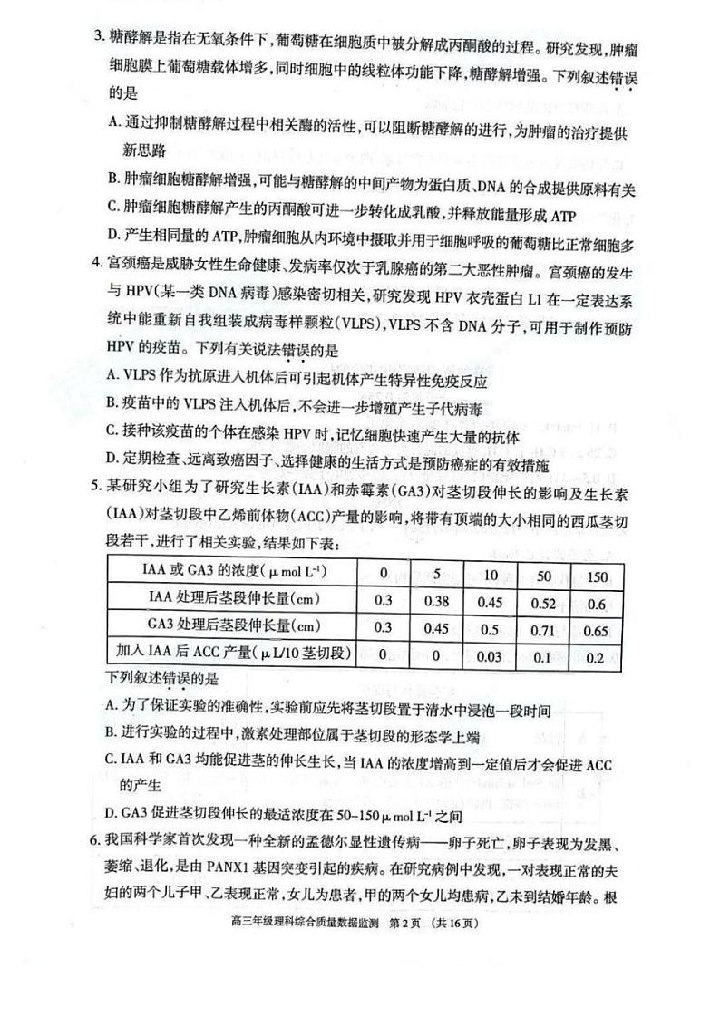 2022届内蒙古呼和浩特市高三年级第二次质量数据监测理科综合试题（PDF版含答案）02