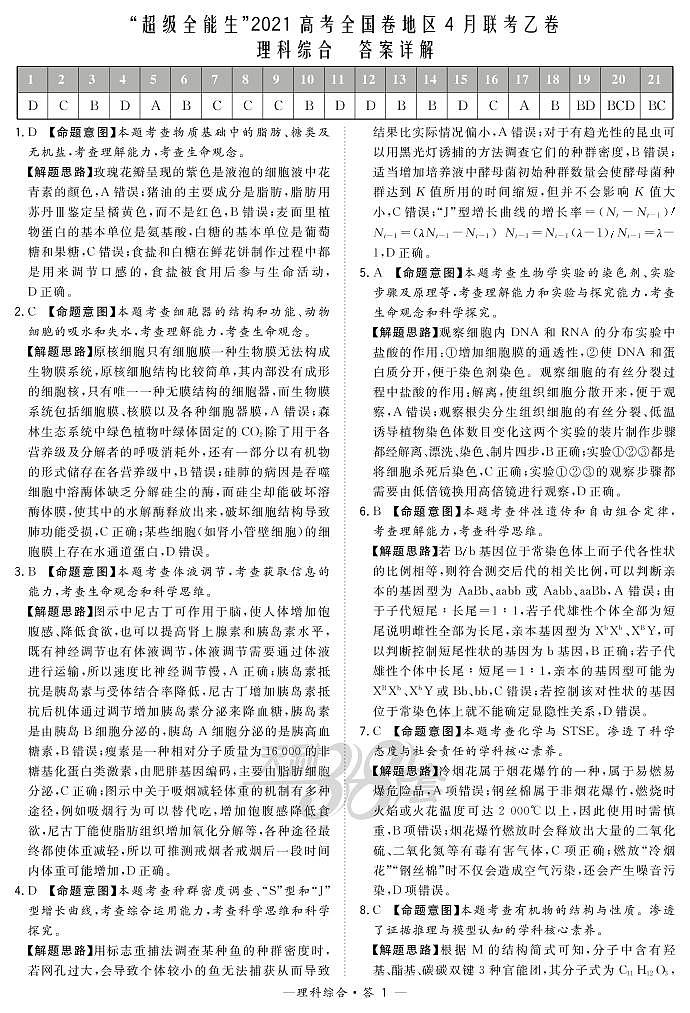 2021“超级全能生”高三全国卷地区4月联考试题（乙卷）理科综合PDF版含解析01