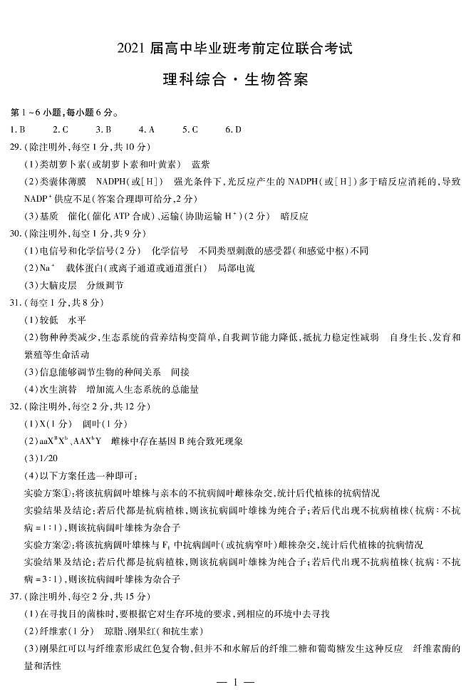 汤阴县五一中学2021届高三高中毕业班考前定位联合考试理综答案第3页