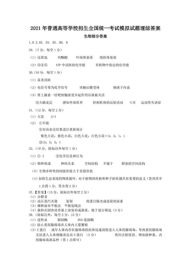 2021年普通高等学校招生全国统一考试模拟试题理综答案(1)第1页