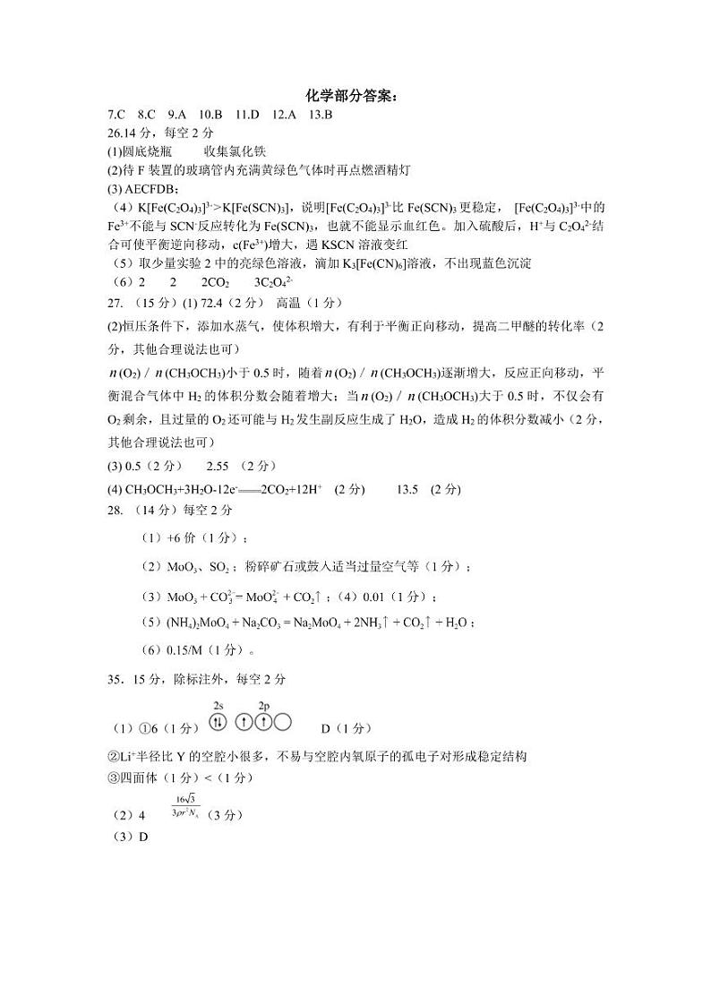 2021年普通高等学校招生全国统一考试模拟试题理综答案(1)第2页