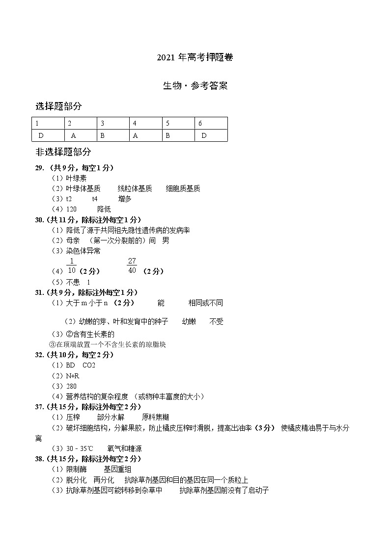 2021年高考生物押题答案第1页