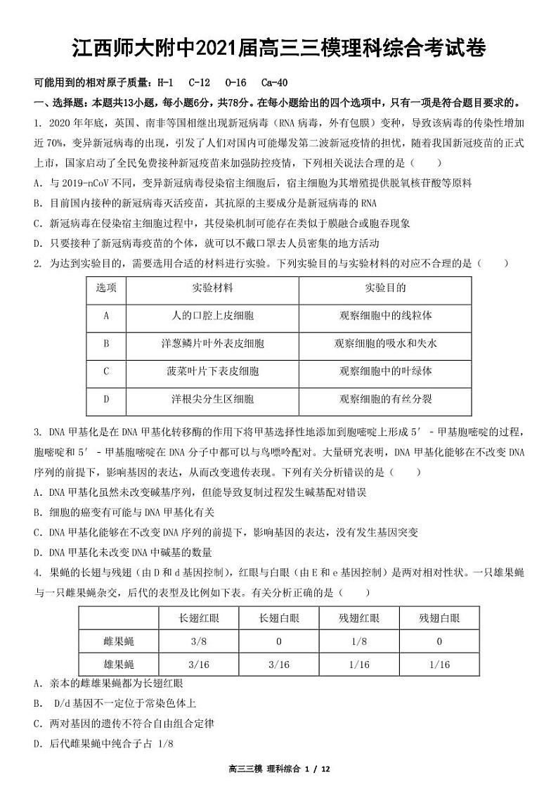 2021江西师大附中高三下学期第三次模拟考试理综PDF版含答案01