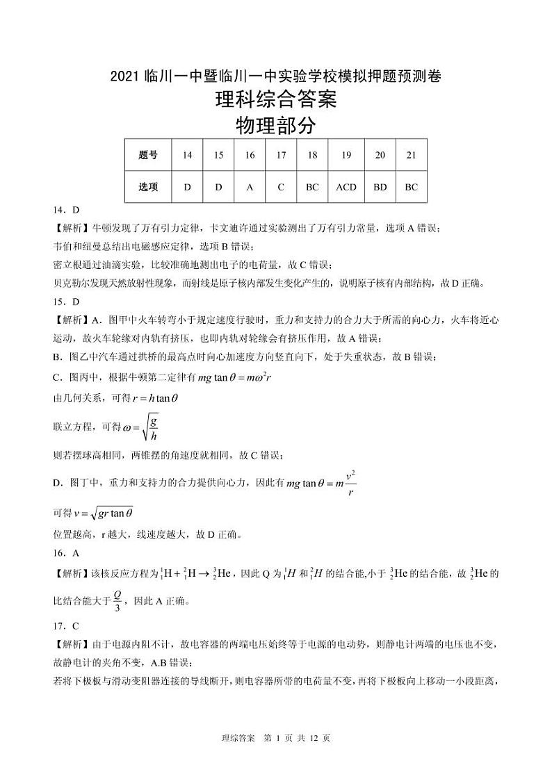 2021届江西省临川第一中学暨临川一中实验学校高考模拟押题预测卷理科综合答案第1页