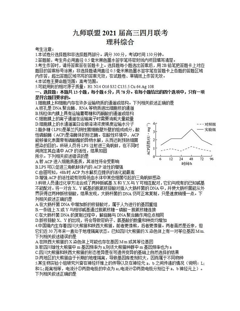 河南省九师联盟2021届高三四月联考理综试题 word含解析第1页