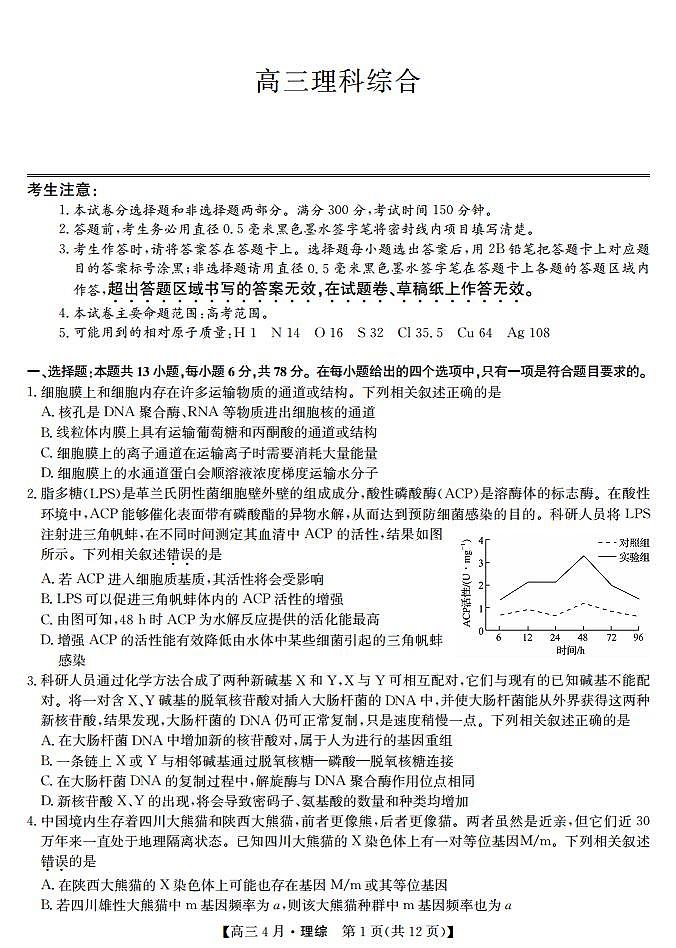 21九师联盟4月联考-理综第1页