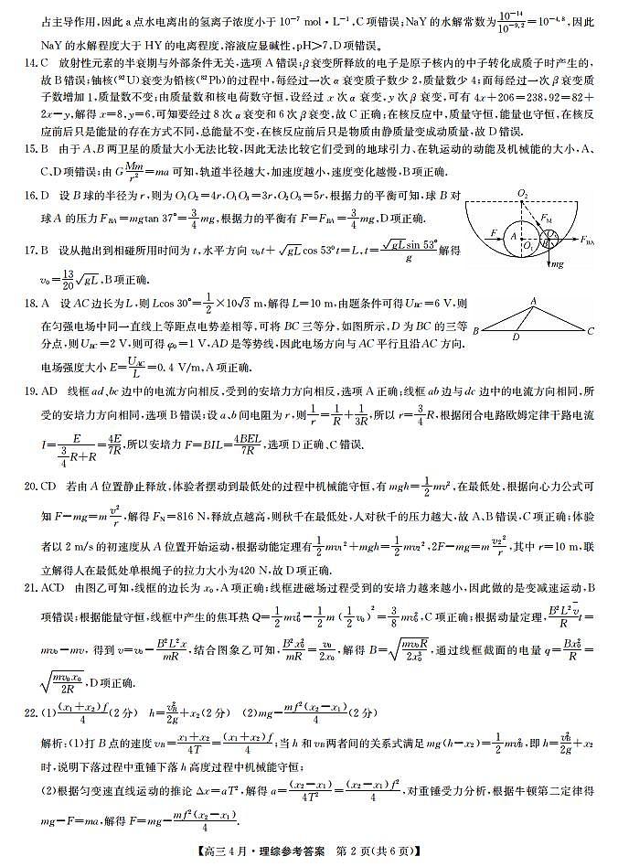 21九师联盟4月联考-理综答案第2页