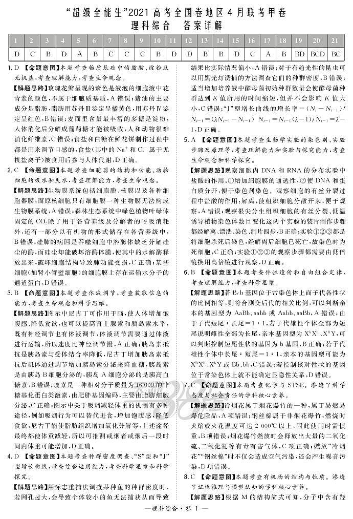 理综解析-“超级全能生”2021高考全国卷地区4月联考甲卷第1页