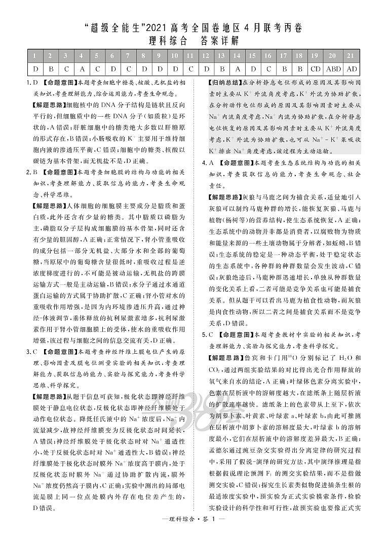 2021“超级全能生”高三全国卷地区4月联考试题（丙卷）理科综合PDF版含解析01