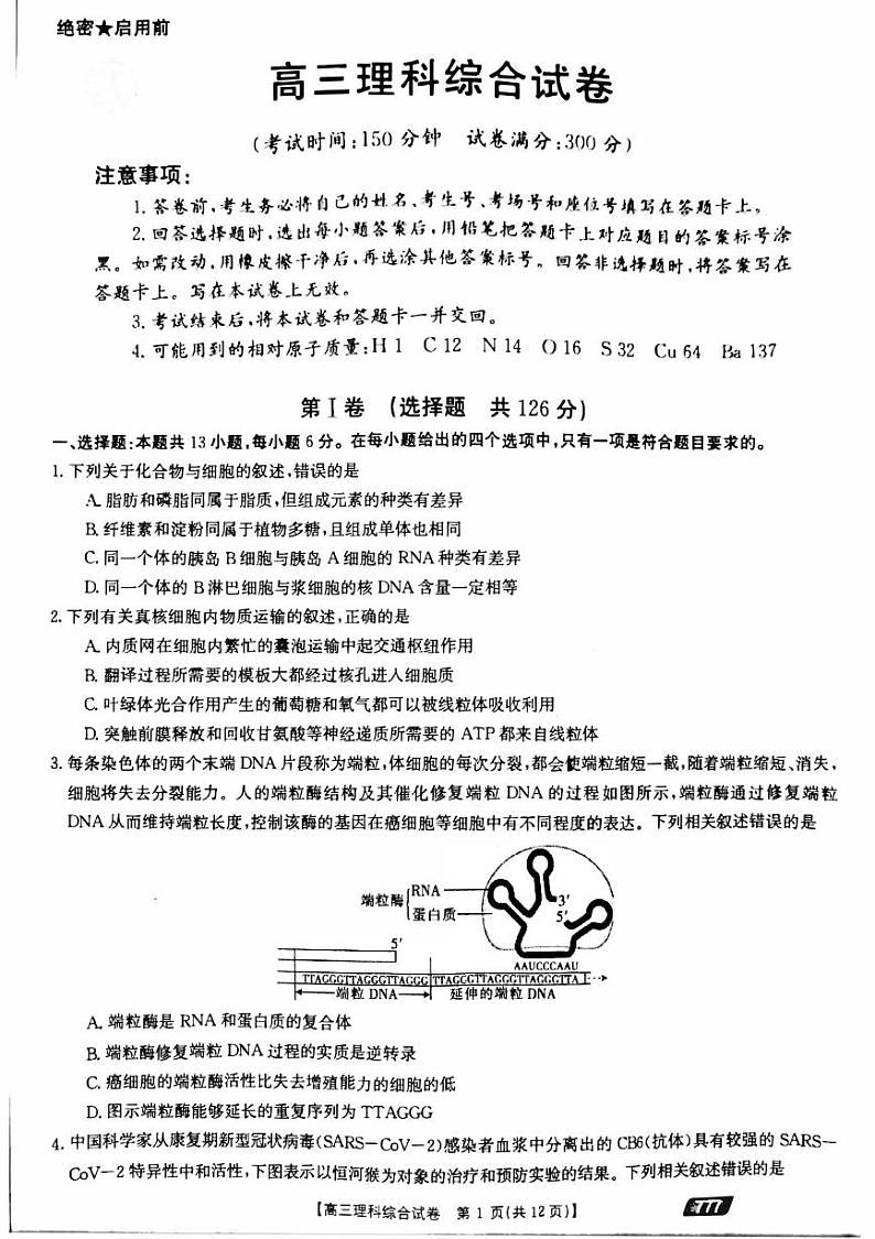 2021靖远县高三下学期5月第四次联考理科综合试题扫描版含答案01