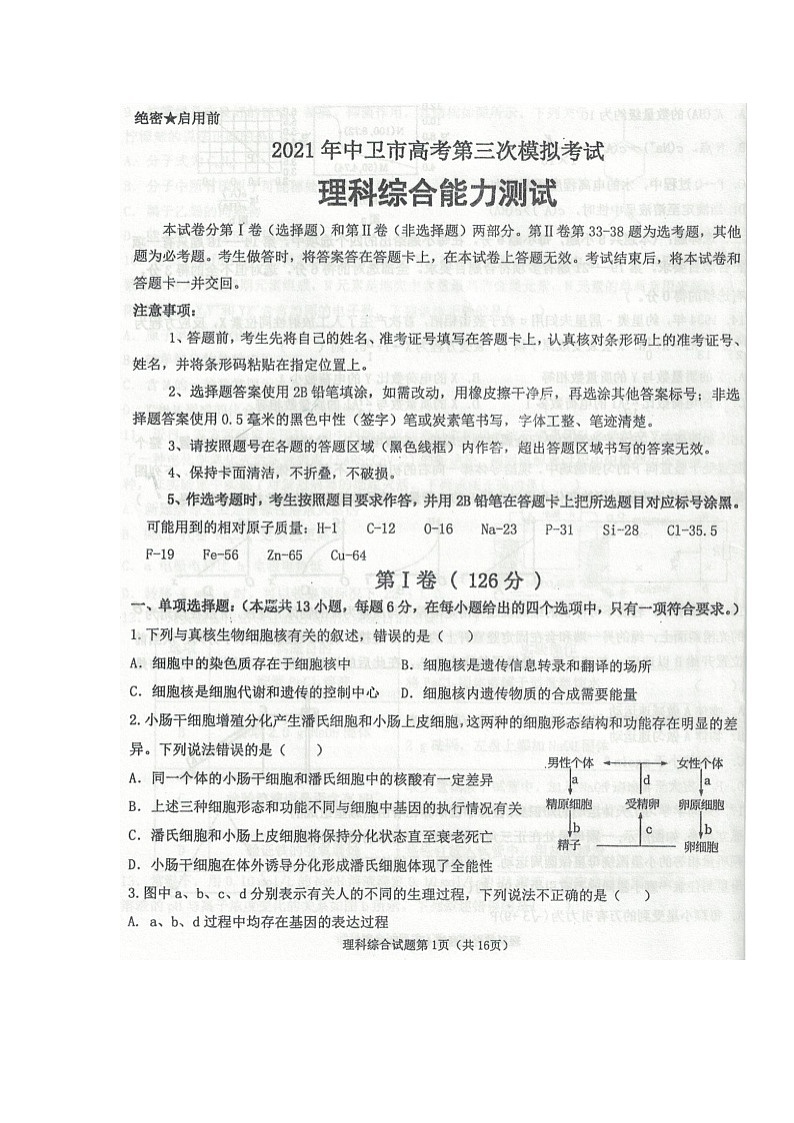 2021中卫高三下学期第三次模拟考试理科综合试题图片版含答案01