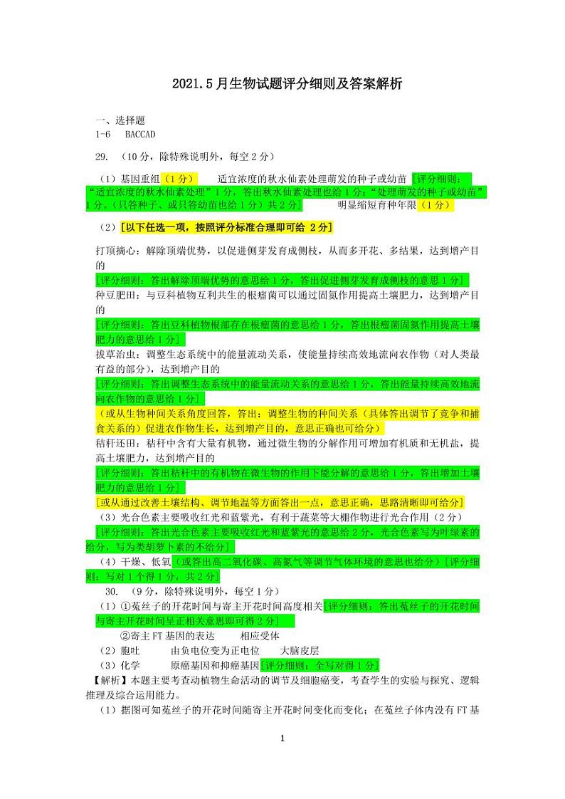 2021晋中高三下学期5月统一模拟考试（三模）理综试题PDF版含答案01