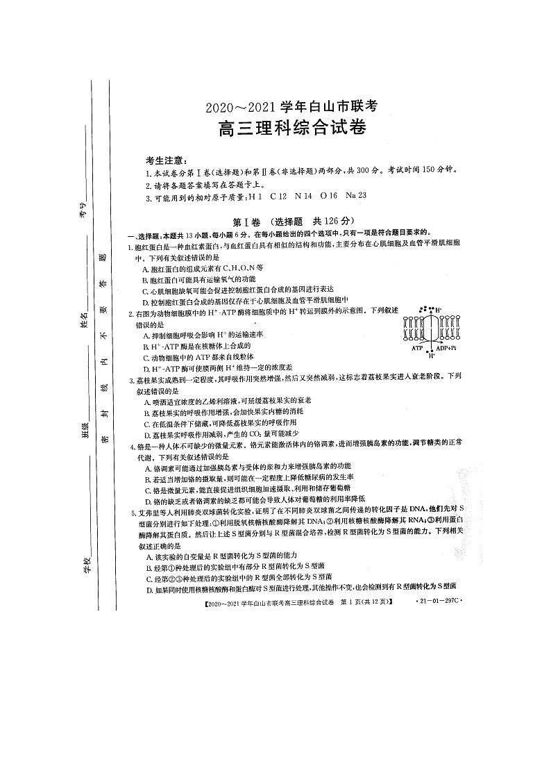 2020-2021学年吉林省白山市联考高三理科综合试卷第1页