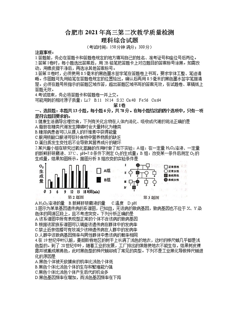 2021合肥高三下学期3月第二次教学质量检测理科综合试题含答案01