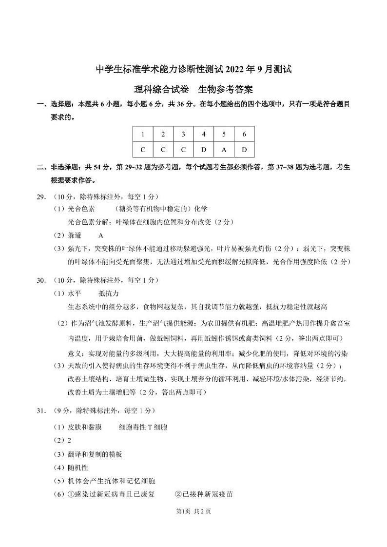 2023中学生标准学术能力诊断性测试高三上学期9月诊断性考试理综PDF版含答案（可编辑）01