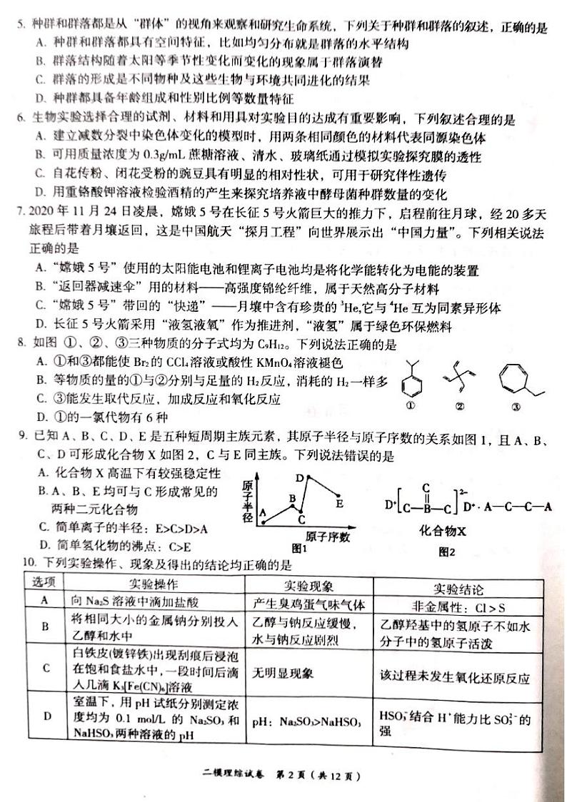 萍乡市2020-2021学年度高三第二次模拟考试理综试卷第2页