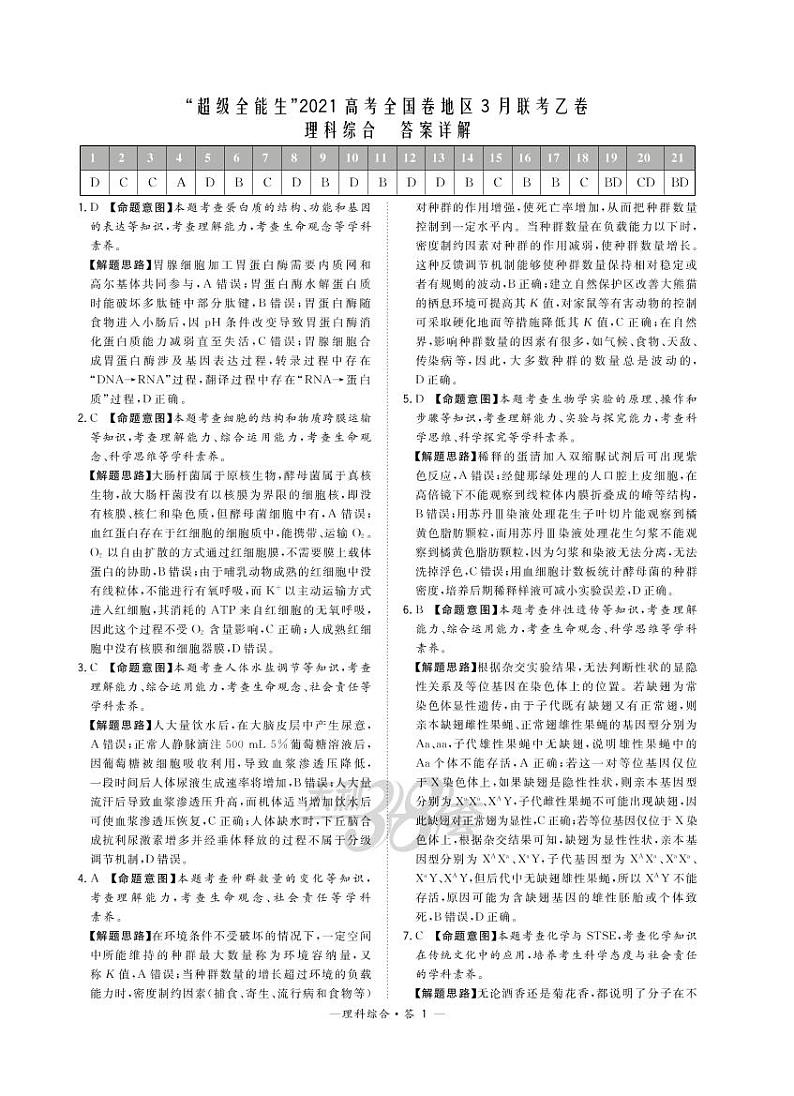 2021“超级全能生”高三全国卷地区3月联考试题（乙卷）理科综合PDF版含解析01