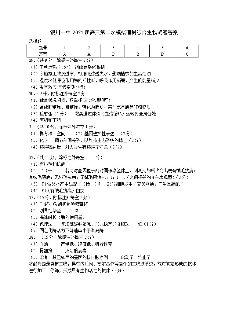 2021届第二次模拟生物试题答案第1页