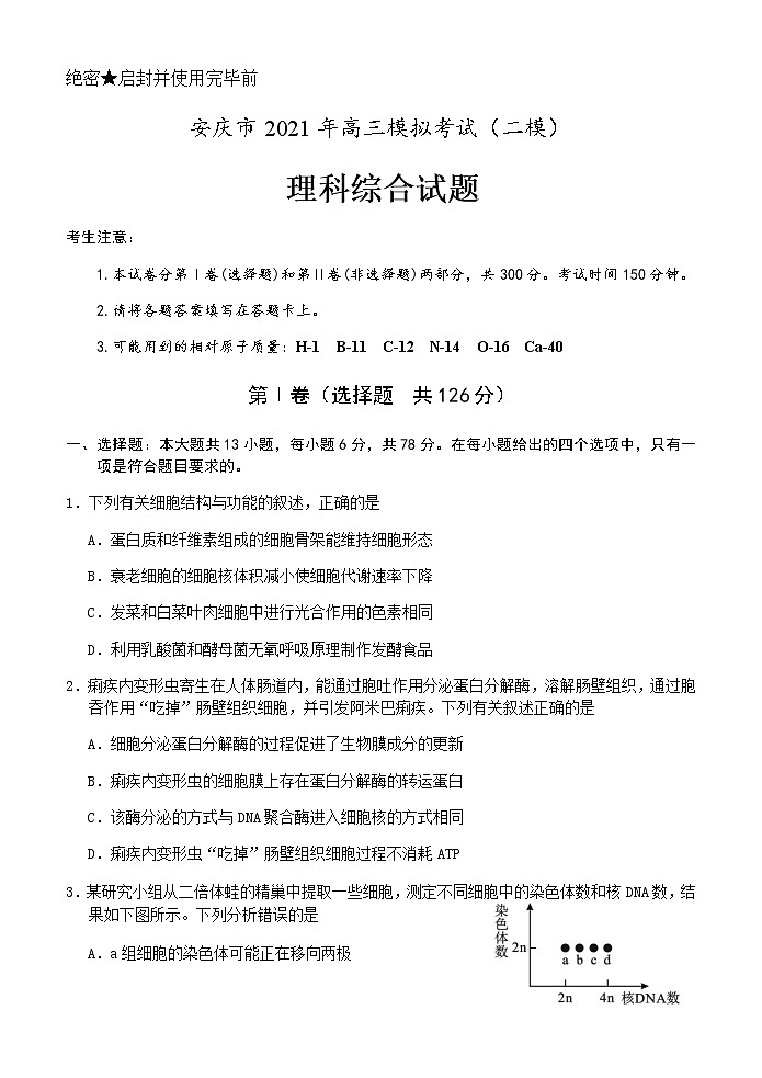 2021安庆高三下学期3月模拟考试（二模）理综试题含答案01