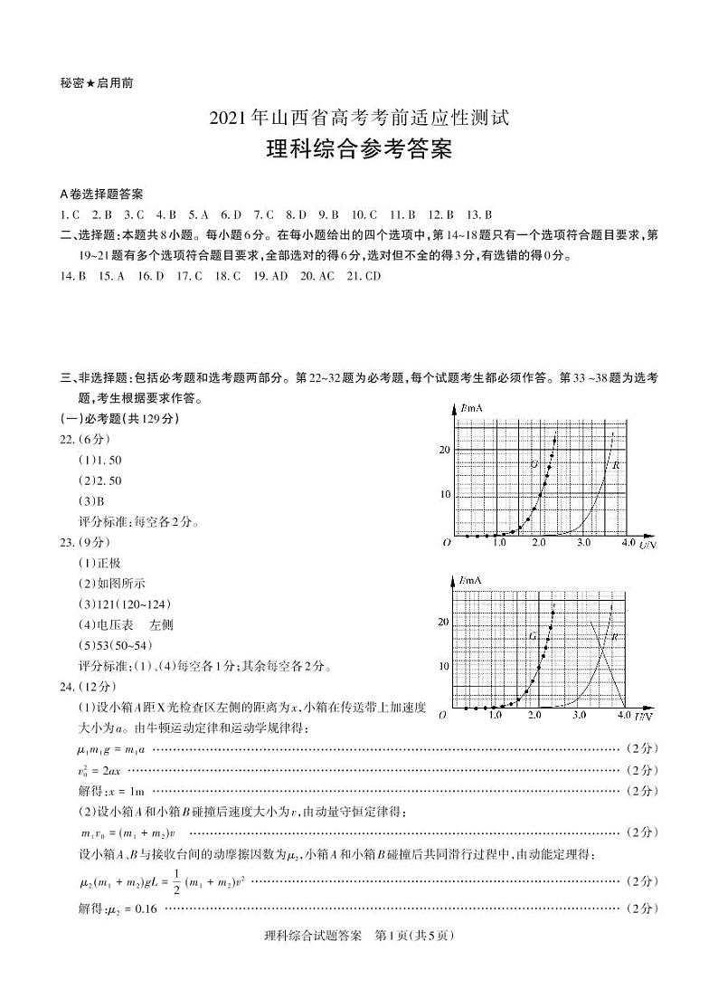 2021山西省高三下学期3月高考考前适应性测试理科综合（A）试题含答案01
