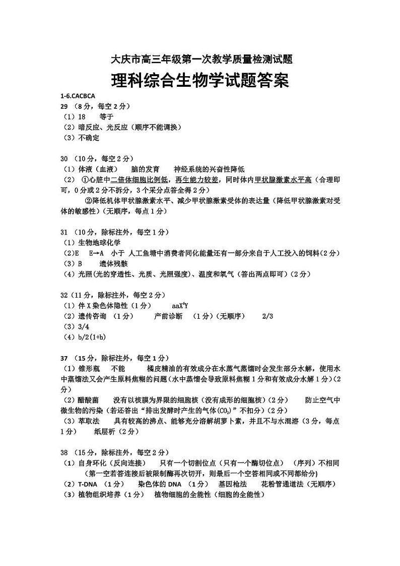 2021省大庆高三下学期第一次教学质量检测理科综合PDF版含答案01