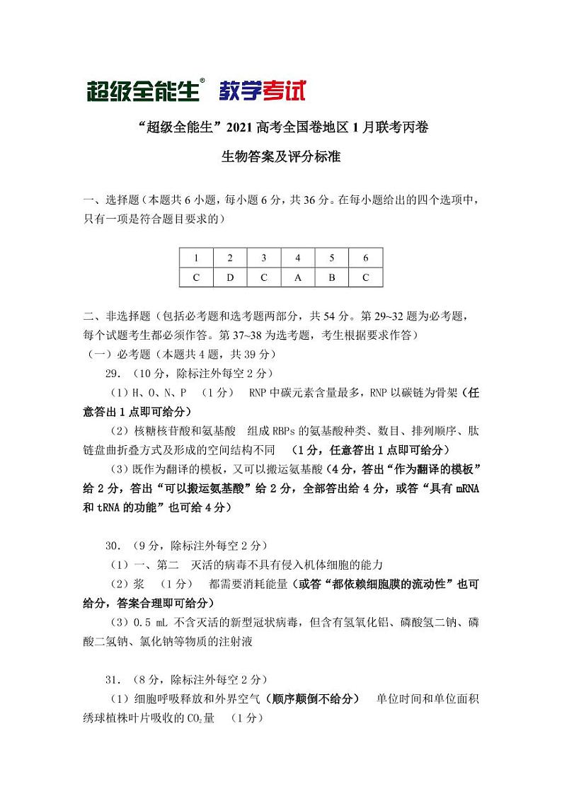2021“超级全能生”高三全国卷地区1月联考试题（丙卷）理科综合PDF版含解析01