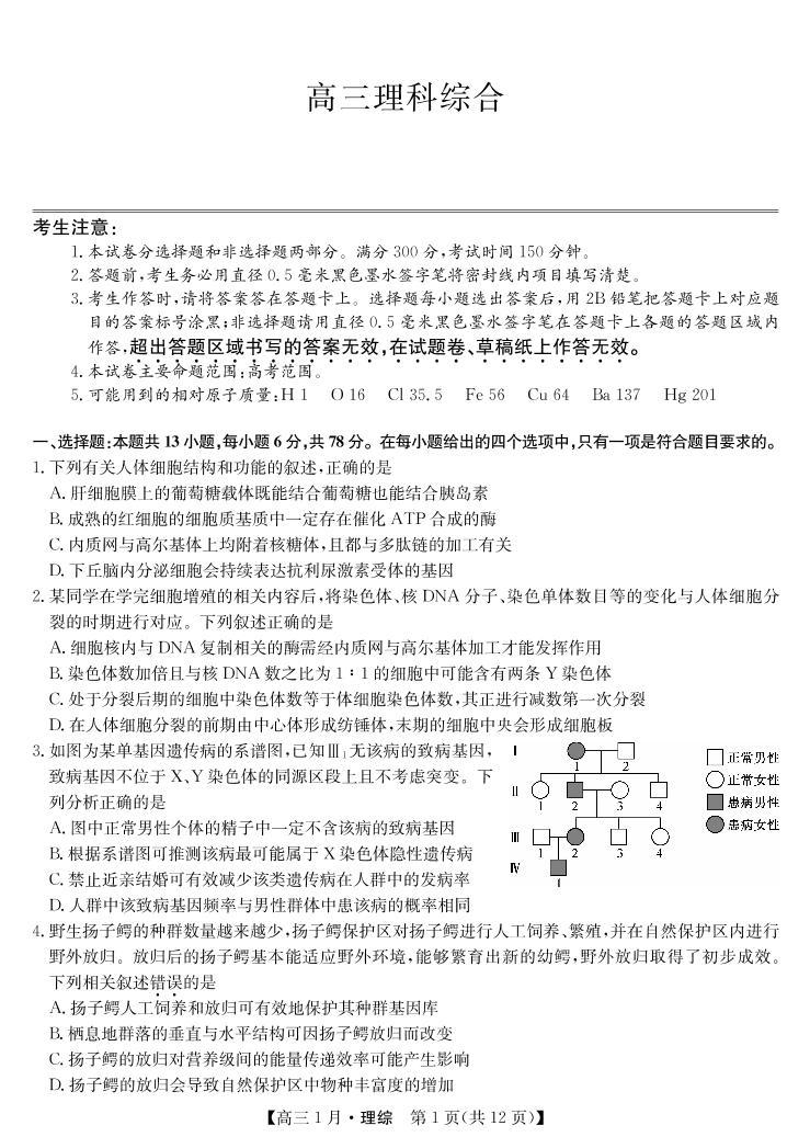 2021运城新绛县二中高三1月联考理综试卷PDF版含答案01
