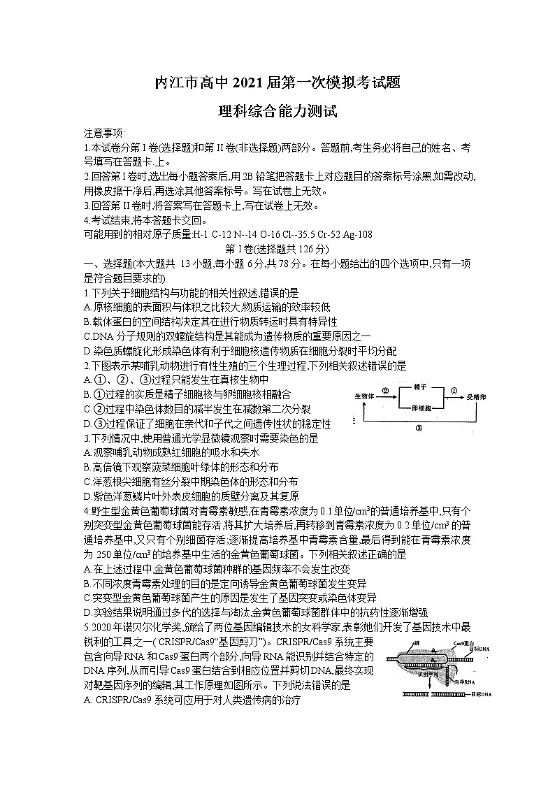 2021内江高三上学期第一次模拟考试（12月）理综试题含答案01