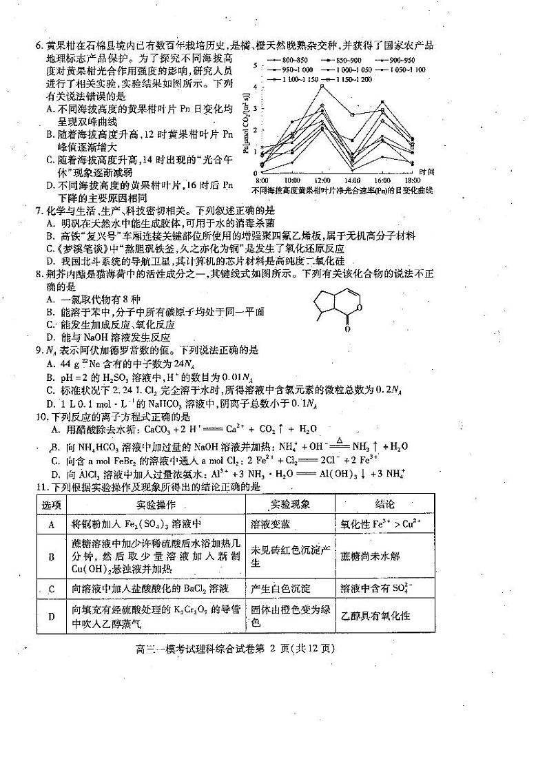2021内江高三上学期第一次模拟考试（12月）理综试题PDF版含答案02