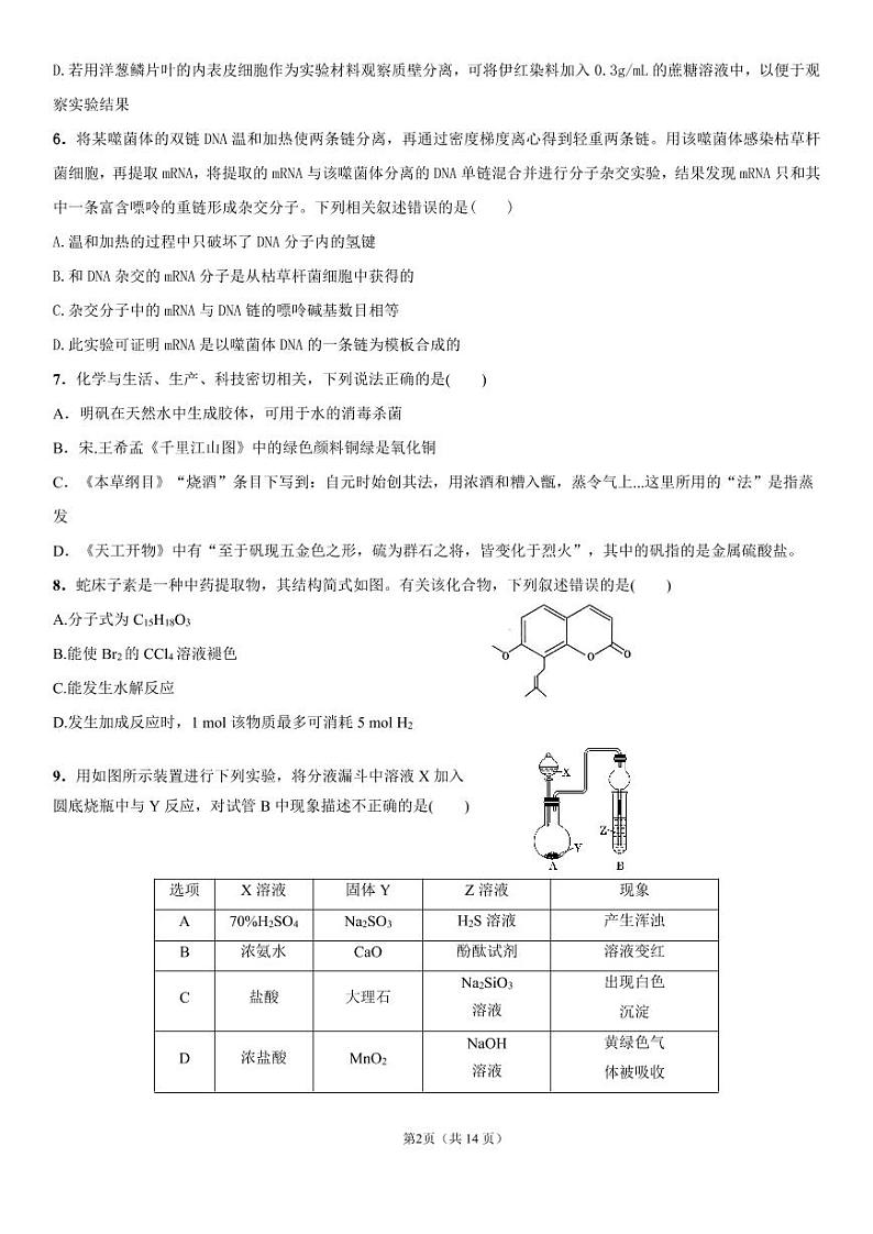 四川省内江市第六中学2021届高三上学期第三次月考理科综合试题第2页
