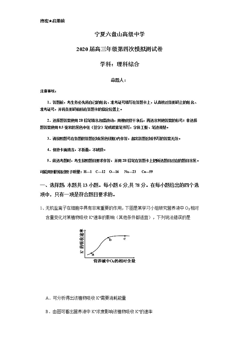 2020宁夏六盘山高级中学高三第四次模拟测试理科综合试题含答案01