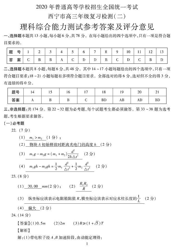 理科综合答案第1页