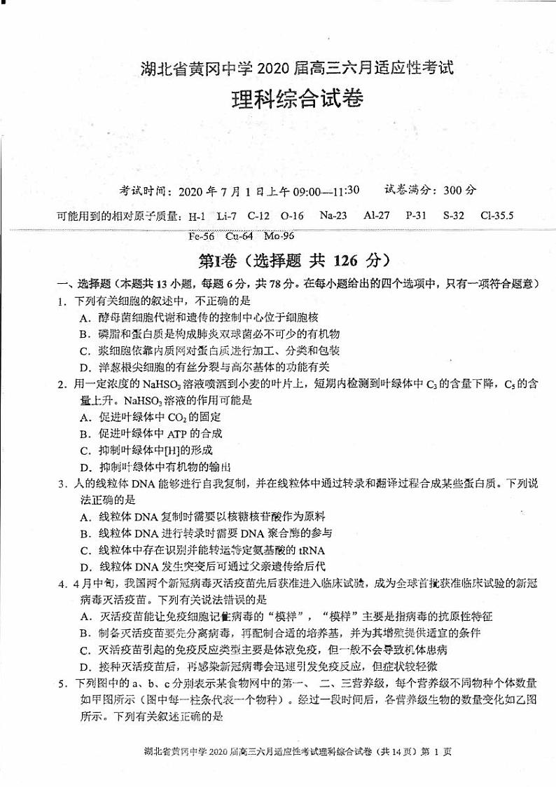 湖北省黄冈中学2020届高三适应性考试理综试题第1页