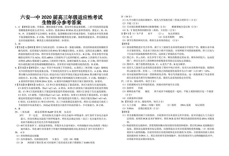 2020六安一中高三高考适应性考试理科综合试题（可编辑）PDF版含答案01