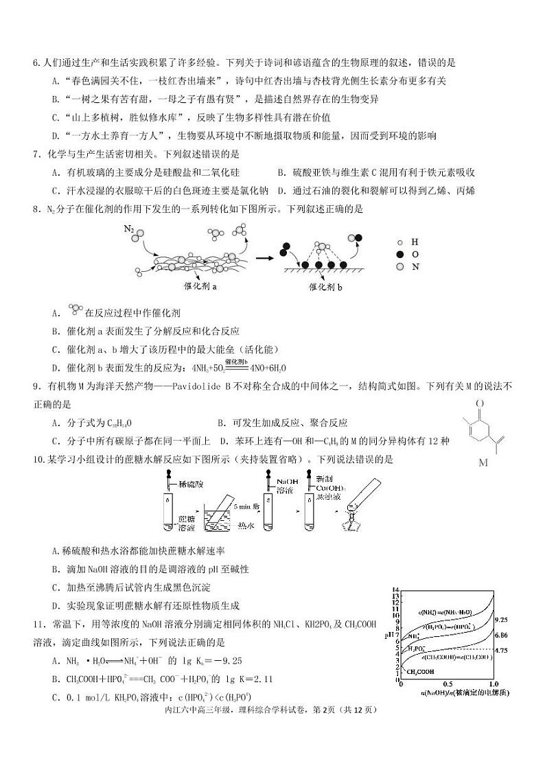 四川省内江市第六中学2020届高三强化训练（一）理科综合试题第2页
