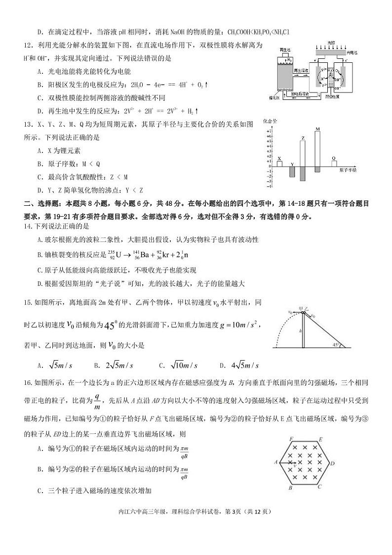 四川省内江市第六中学2020届高三强化训练（一）理科综合试题第3页