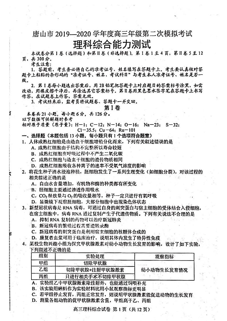 河北省唐山市2020届高三第二次模拟考试理科综合试题 PDF第1页