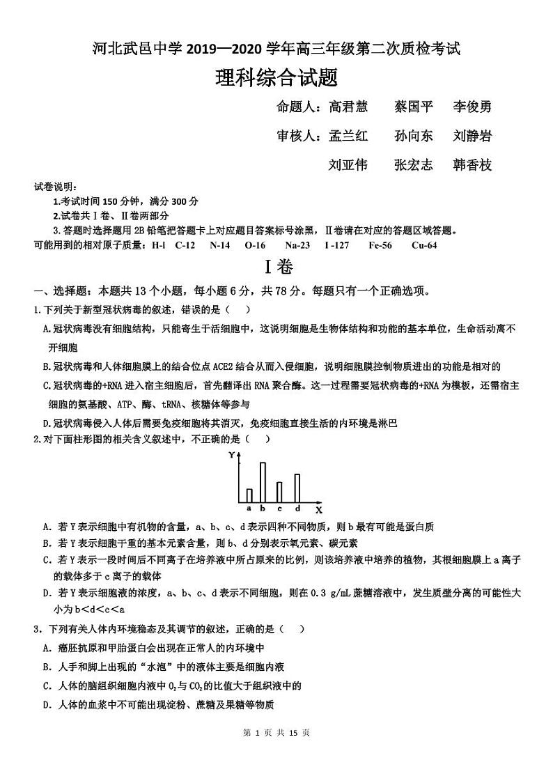 2020河北省武邑中学高三年级下学期第二次质检考试理科综合试题PDF版缺答案01