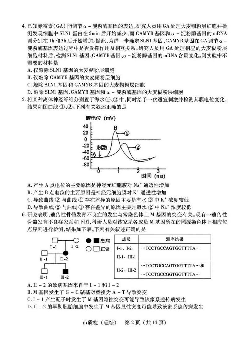 2020泉州高三普通高中毕业班第一次质量检查理科综合试题PDF版缺答案第2页