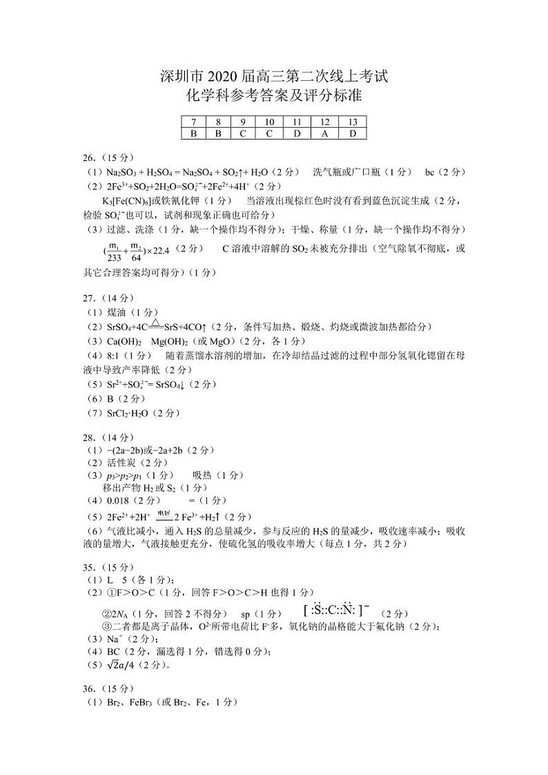 2020年深圳市普通高中高三年级第二次线上统一测试化学参考答案及评分标准第1页