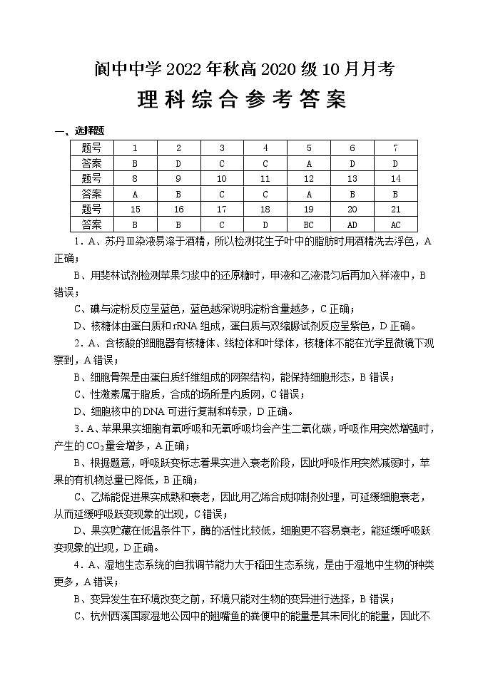 2022年秋高2020级10月月考理科综合测试参考答案第1页