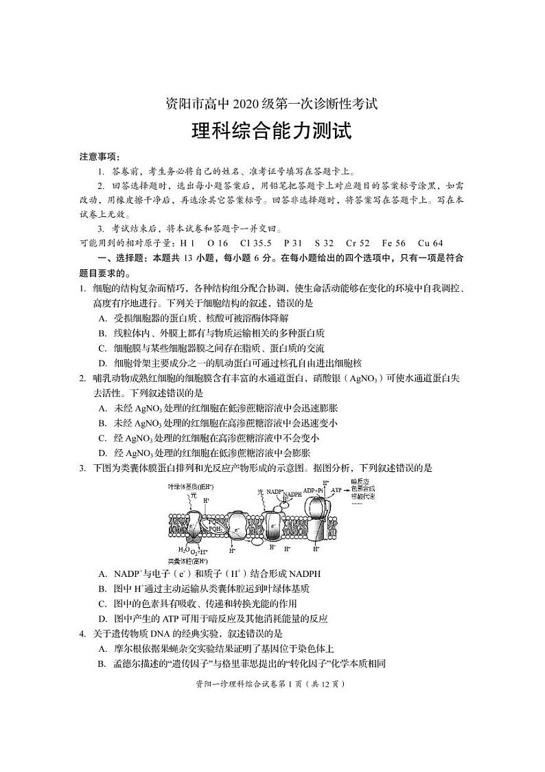 2023届四川省资阳市高三上学期第一次诊断考试理科综合试题含答案01