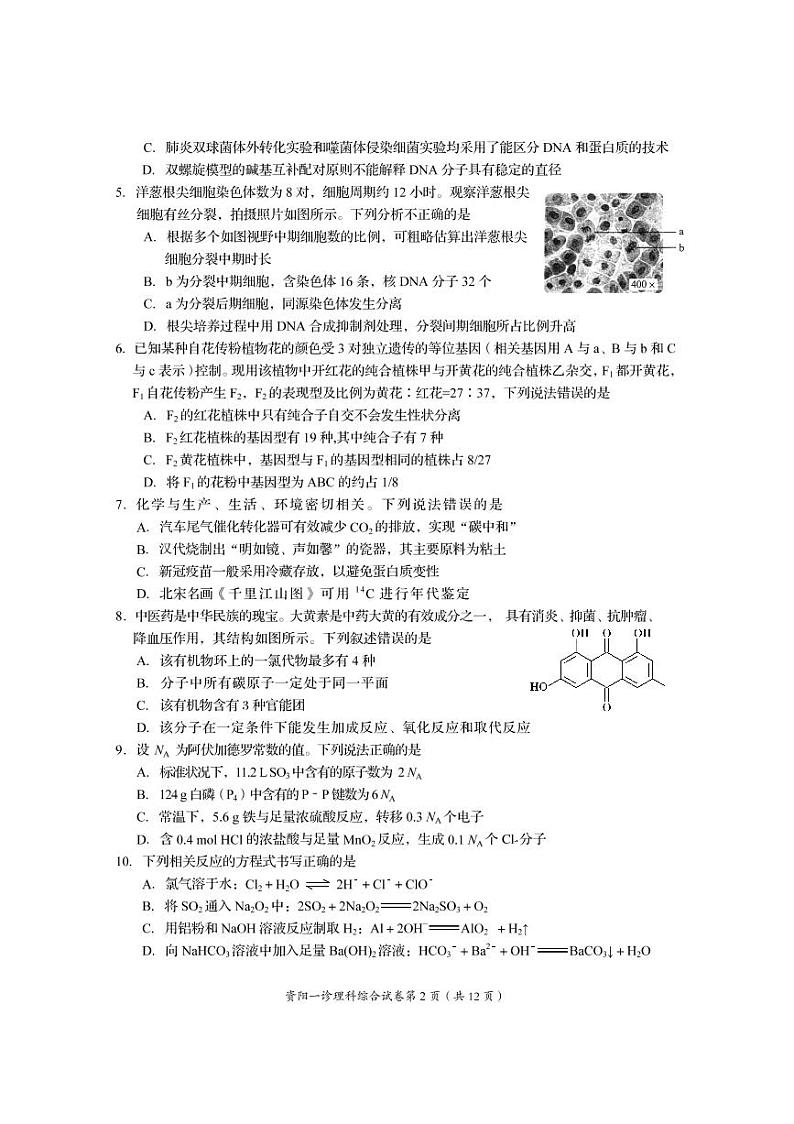 2023资阳高三上学期第一次诊断考试理综PDF版含答案02