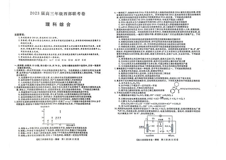 2023届广西高三年级西部联考理科综合试卷含答案第1页