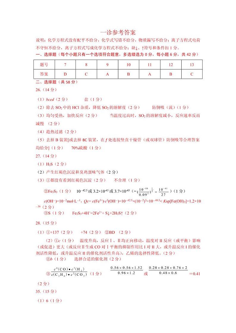 高2020级一诊化学答案第1页